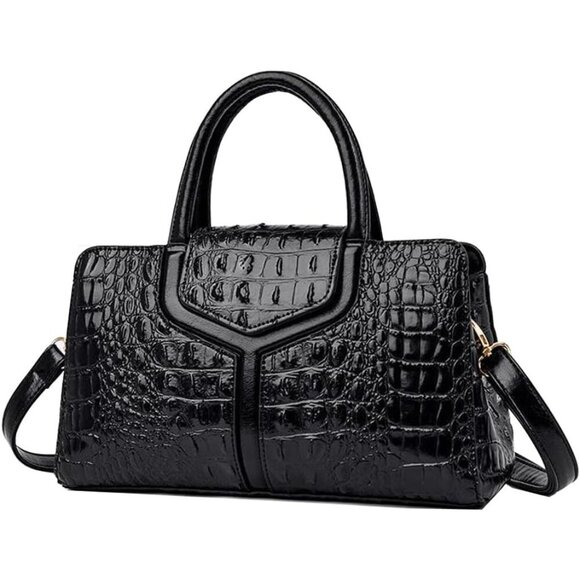 🆕Women's Black Handle Purse Crocodile Faux Leather Tote Zipper Shoulder Bag - Picture 1 of 7